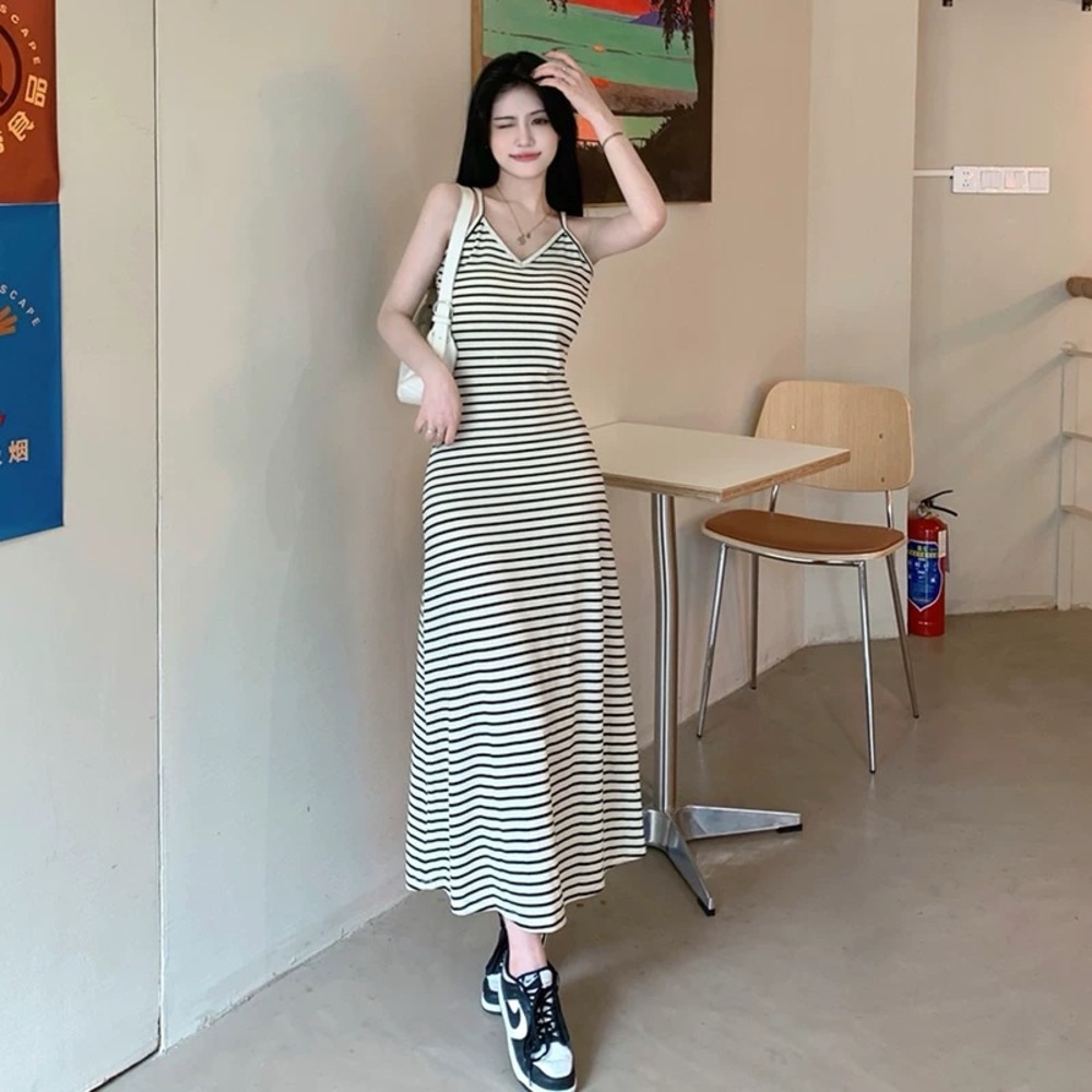 Sleeveless Striped Long Dress